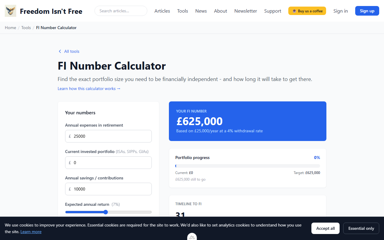 FI number calculator showing target portfolio size, progress percentage, and years to financial independence