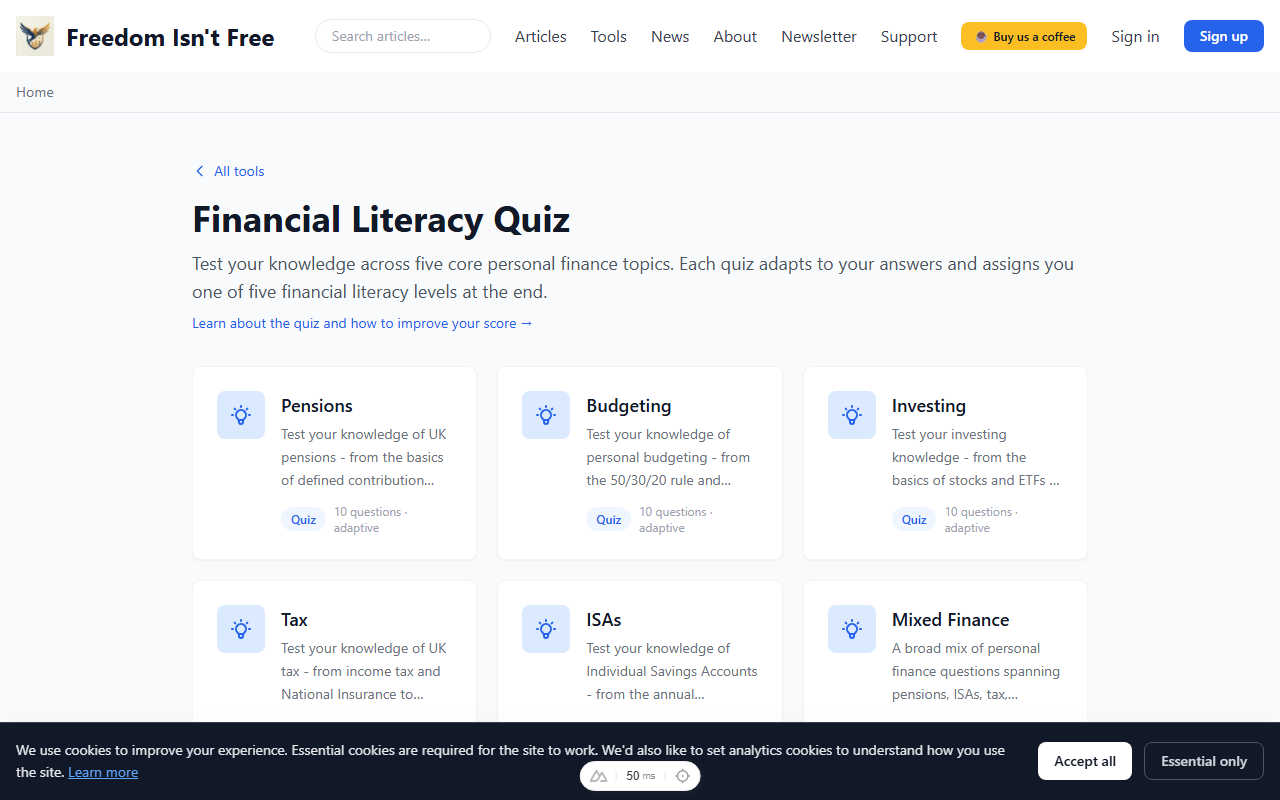 Financial literacy quiz showing adaptive questions across pensions, ISAs, tax, budgeting, and investing topics