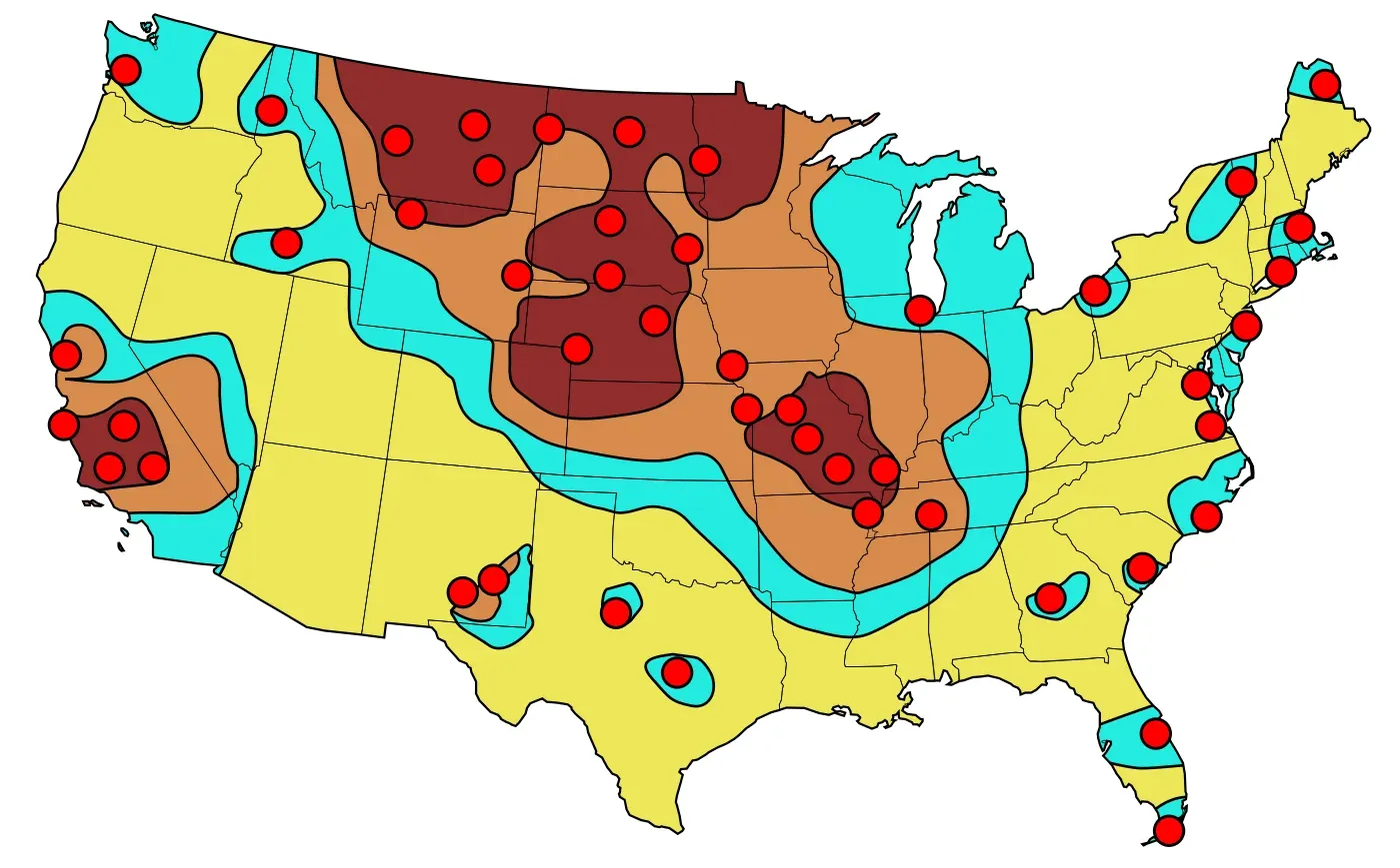 US civil-defence map of the continental United States showing dozens of red dots marking primary Soviet nuclear targets, surrounded by shaded fallout zones ranging from dark red "lethal" areas over the northern plains and cities down to fallout-free yellow zones.