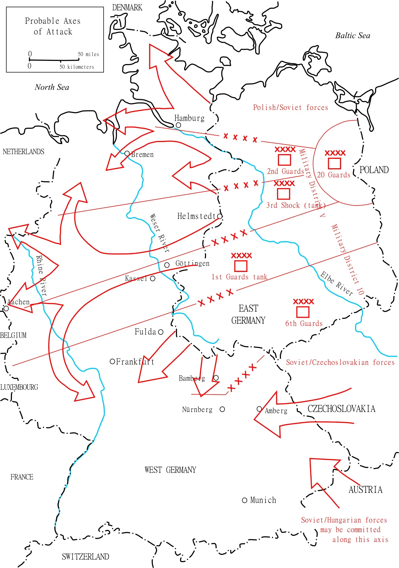 Declassified US military map titled "Probable Axes of Attack" showing red arrows for a Warsaw Pact invasion, with Soviet, Polish, Czechoslovak and Hungarian armies driving out of East Germany and Czechoslovakia into West Germany, aimed at Hamburg, Bremen, the Ruhr, Frankfurt and the Low Countries.