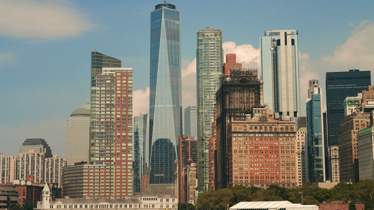 A city skyline of skyscrapers