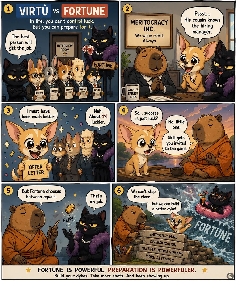 The same story retold with animals: a line of dressed-up pets holds resumes while a cat playing Fortune shuffles cards, a capybara sage tells a small dog that skill gets you invited to the game but Fortune chooses between equals, and the capybara builds a dyke of emergency fund, diversification, multiple income streams and more attempts against the rising flood.