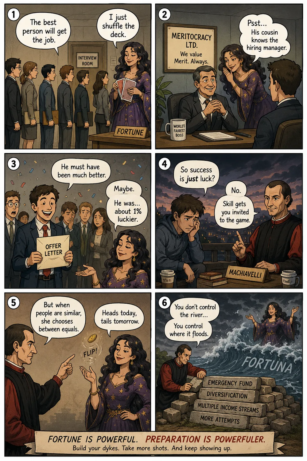 Six-panel comic: a line of equally qualified candidates waits outside an interview room while Fortune shuffles a deck of cards, a whispered connection tips the offer, and Machiavelli explains that skill gets you invited to the game but Fortune chooses between equals, so you build dykes (emergency fund, diversification, multiple income streams, more attempts) against the flood.