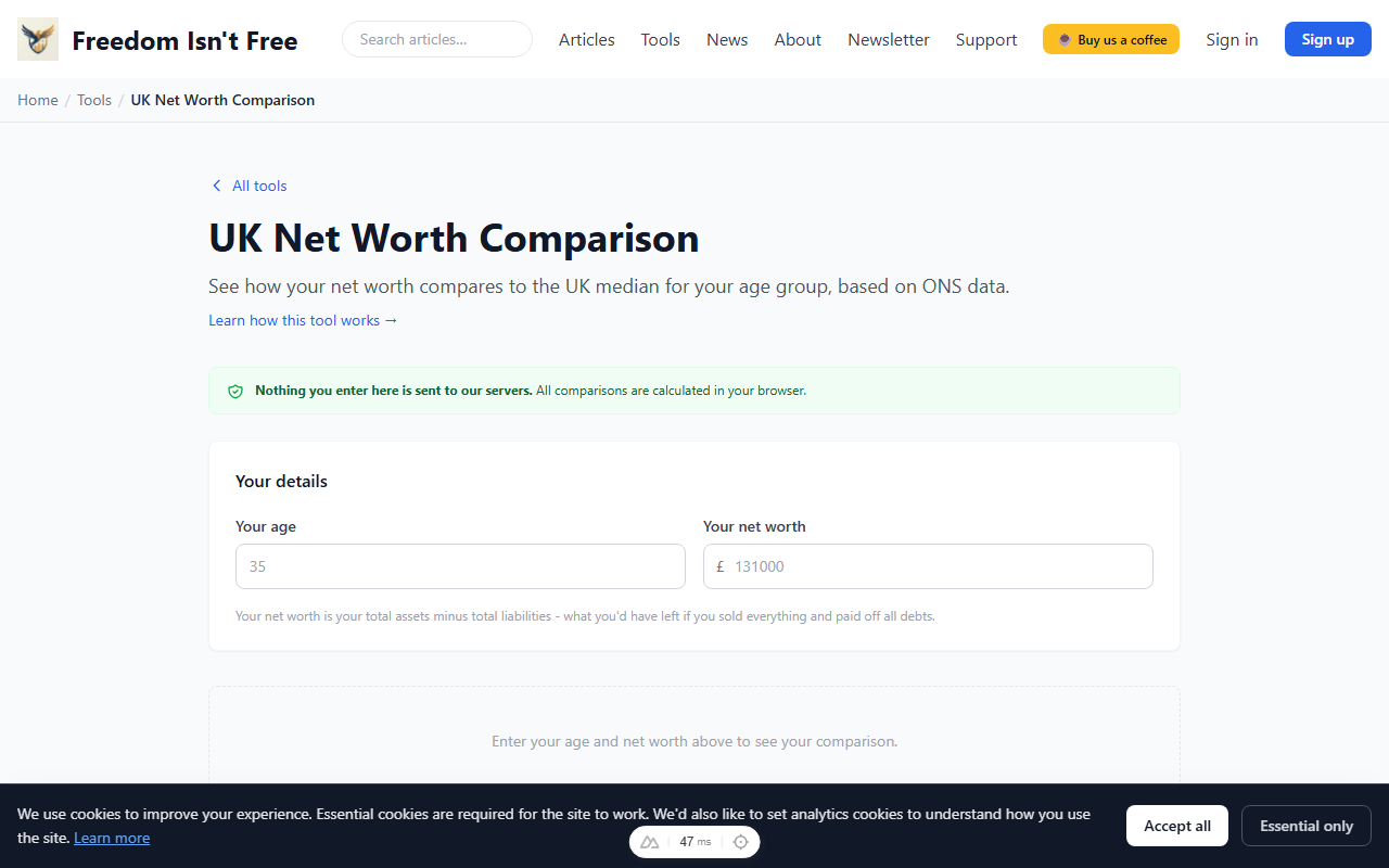 UK net worth comparison tool showing median household wealth by age group based on ONS data