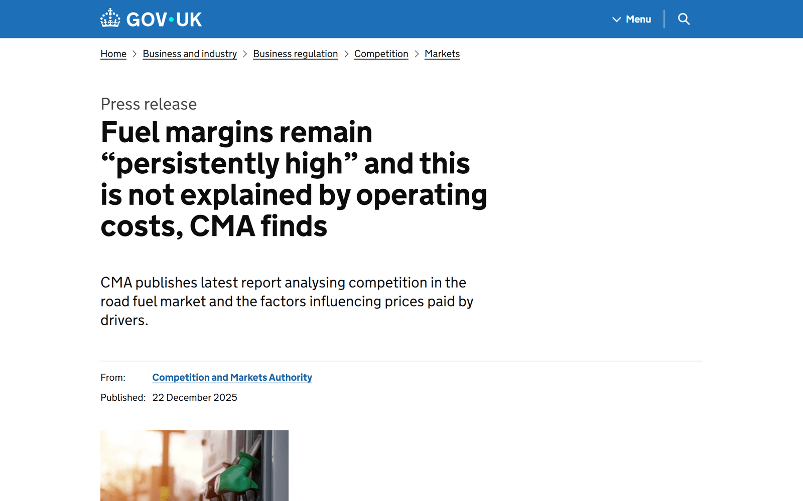 The CMA press release of 22 December 2025, headlined "Fuel margins remain persistently high and this is not explained by operating costs, CMA finds"