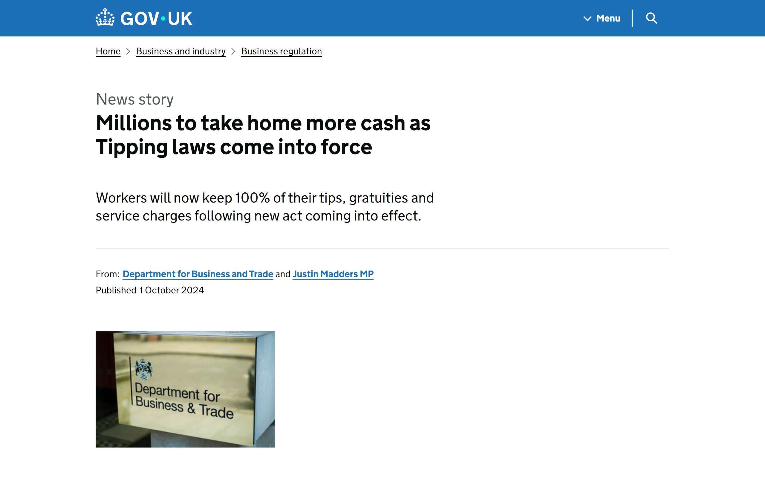 The gov.uk news story announcing the tipping laws coming into force on 1 October 2024, stating workers will now keep 100% of their tips, gratuities and service charges